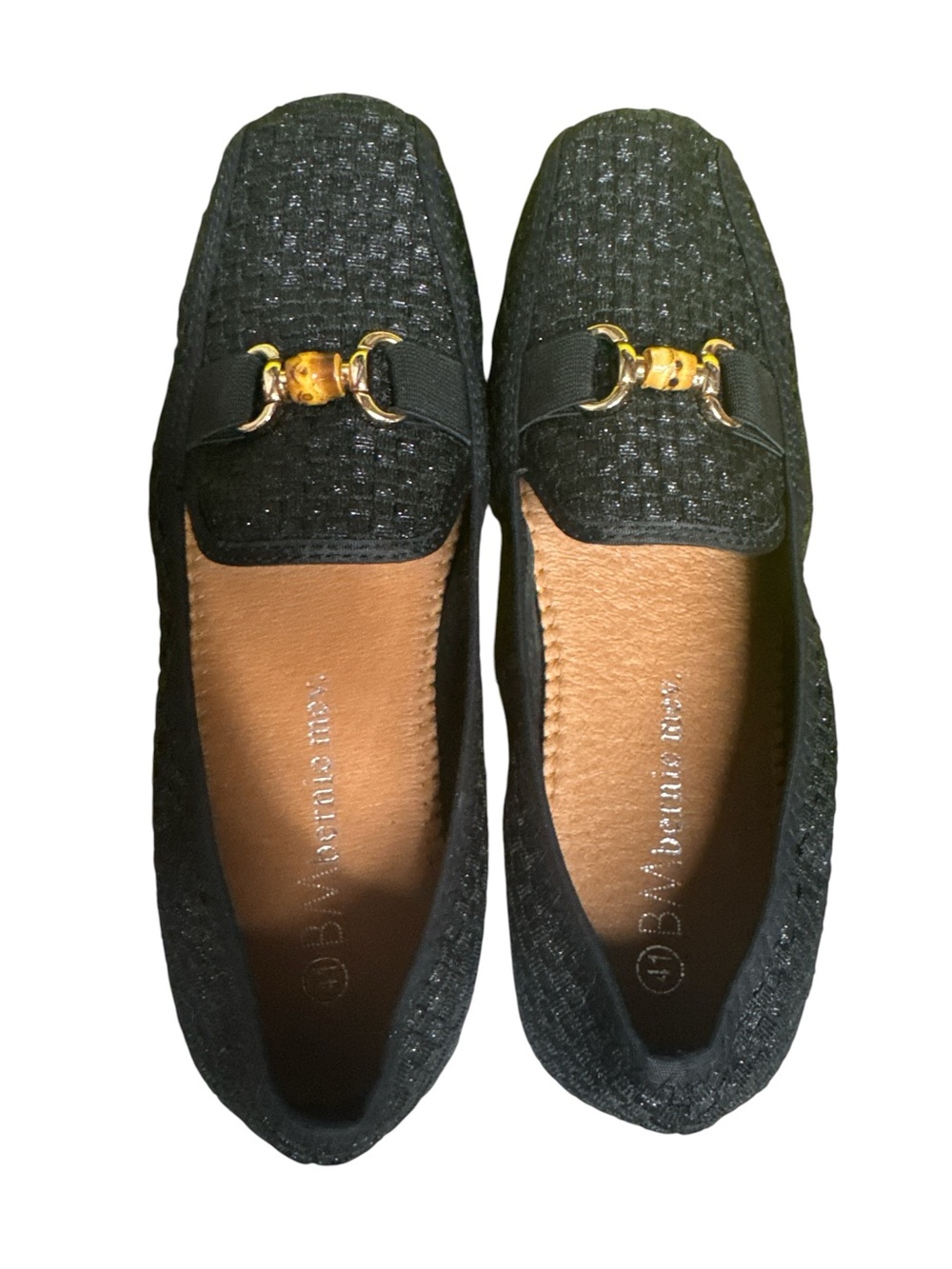 Bernie Mev black metallic loafers with gold buckle detail, size US 10.5 size 41